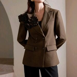 Elegant Versatile Striped Blazer Jacket,Long Sleeve,Warm 3D Flower Embellish